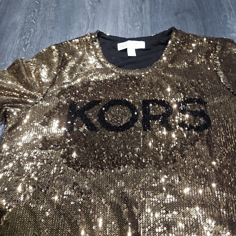 Michael Kors All Over Gold Sequin T Shirt Women M Lined Glitzy New Year Party - Picture 5 of 9